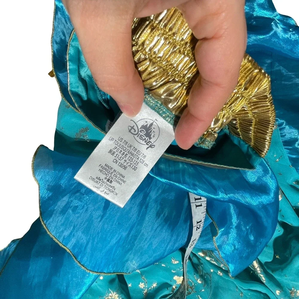 Disney Princess Jasmine Costume Girls 7/8 Teal Blue Gold Sequin 2 Piece Outfit